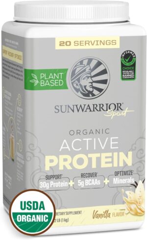 Sunwarrior Organic Plant Based Protein Powder | Vegan Organic Protein Powder with BCAA Amino Acids Plus Recovery Minerals & Botanicals | Non-GMO Soy Dairy & Gluten Free (Vanilla, 20 Servings)