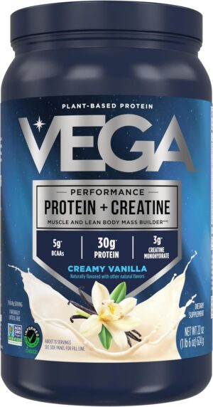 Vega Protein + Creatine – 30g Plant-Based Protein, Vanilla, 13 Servings, 3g Creatine, 5g BCAAs, Vegan, Keto, Gluten Free, Dairy Free, Low Carb, for Muscle Growth & Repair, Drink Mix, 22oz