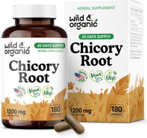 Wild & Organic Chicory Root Fiber Capsules – 1200 mg of Chicory Root Powder per Serving – Digestive & Gut Support – Inulin Prebiotic Fiber Supplement – Non-GMO, Vegan Inulin Capsules – 180 Count