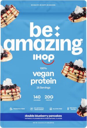 Be Amazing Vegan Protein Powder | 20g Plant-Based Protein with Prebiotics Fibers | Gluten Free Shake Mix | Low Carb Non-Dairy Smoothie | IHOP Double Blueberry, 25 Servings