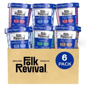 Folk Revival Variety Pack Keto Instant Oatmeal – 20g of Protein, Low Carb, High Fiber, 2 Blueberry, 2 Maple Walnut, 1 Chai Almond, 1 Original – 6 Cups Per Case
