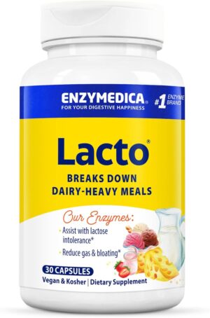 Enzymedica Lacto, Maximum Strength Formula for Dairy Intolerance, with Enzymes Lactase and Protease, Relieves Digestive Discomfort, 30 Capsules (30 Servings)