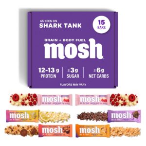 MOSH Variety Pack Keto Protein Bars, High Fiber, Low Carb, Gluten Free, High Protein, Brain Healthy Snack with Ashwagandha, Lion’s Mane, 15 Count