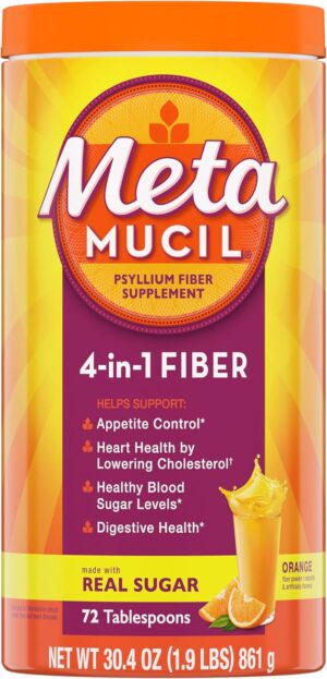 Metamucil, Daily Psyllium Husk Powder Fiber Supplement with Real Sugar, 4-in-1 Daily Fiber Supplement for Digestive Health, Orange Smooth Flavored Drink, 72 Servings