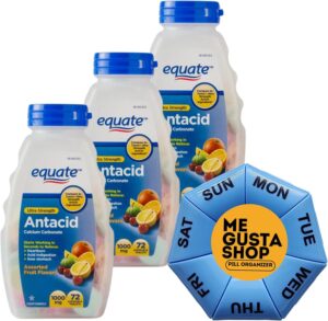 Equate Ultra Strength Antacid Chewable Fruit Tablets,1000 mg, 72 Ct Pack of 03, 216 Total Includes Pill Organizer