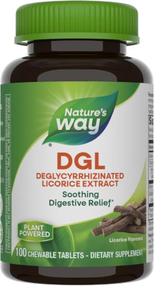 Nature’s Way DGL Chewable Tablet – Digestive Support & Relief* – Deglycyrrhizinated Licorice Extract – Gluten, Soy & Dairy Free – 100 Chewables