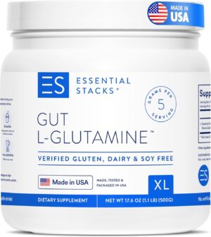 Essential Stacks Gut L-Glutamine Powder – Exclusively Made in USA – Pure L Glutamine Powder for Gut Health (100 Servings, Unflavored)