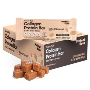 Perfect Keto Bars – The Cleanest Keto Snacks with Collagen and MCT. No Added Sugar, Keto Diet Friendly – 3g Net Carbs, 19g Fat,11g Protein – Keto Diet Food Dessert (Salted Caramel, 12 Bars)