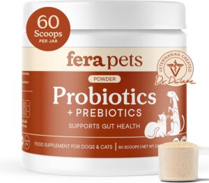 Fera Pet Organics Probiotics for Dogs & Cats – Vet Created – Cat & Dog Probiotic Supplement – 12 Strains & Prebiotics for Pet’s Digestion – 60 Scoops​