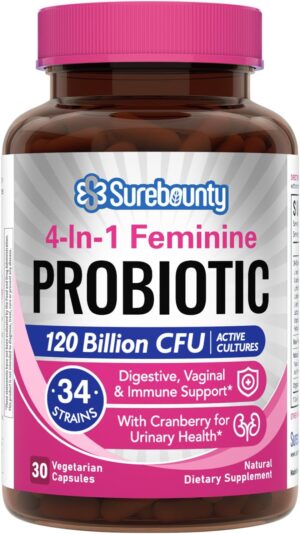 Probiotics for Women, 120 Billion CFU 34 Strains, Prebiotics, Digestive Enzymes, Cranberry, 4-in-1 Feminine Probiotic, Digestive, Vaginal, Immune Support, 30ct