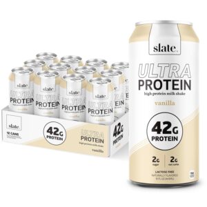 Slate Milk – Ultra High Protein Shake – Vanilla – 42g Protein, 2g Sugar, 190 Calories, 2g Net Carbs – Lactose Free – No Added Sugar, No Seed Oils – Breakfast Boost, Post Workout – 15 fl oz, 12 Cans Slate Milk – Ultra High Protein Shake – Vanilla – 42g Protein, 2g Sugar, 190 Calories, 2g Net Carbs – Lactose Free – No Added Sugar, No Seed Oils – Breakfast Boost, Post Workout – 15 fl oz, 12 Cans