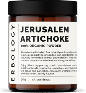 Erbology Organic Jerusalem Artichoke Powder 3.2 oz – 45 Servings – Sunchoke – 50% Prebiotic Inulin Fiber – Supports Gut Health and Promotes Diverse Microbiome – Feed Good Bacteria – Gluten-Free