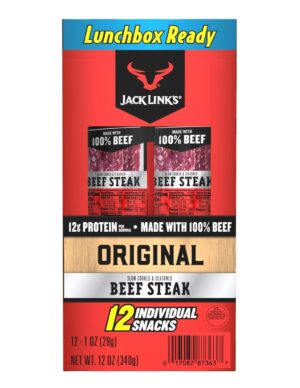 Jack Link’s Beef Steak, Original – Protein Snacks, Meat Snack with 12g of Protein, Made with 100% Beef, Individually Wrapped Bulk Snack Pack, Keto Friendly – 1 Oz. (12 Count)