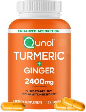 Qunol Turmeric Curcumin with Black Pepper & Ginger, 2400mg Turmeric Extract with 95% Curcuminoids, Extra Strength Supplement, Enhanced Absorption, Joint Support Supplement, 105 Count Qunol Turmeric Curcumin with Black Pepper & Ginger, 2400mg Turmeric Extract with 95% Curcuminoids, Extra Strength Supplement, Enhanced Absorption, Joint Support Supplement, 105 Count