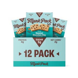 Munk Pack Chewy Granola Bars – 5g Protein, 1g Sugar with Allulose, 2g Net Carbs, Low Sugar, Gluten Free and Low Glycemic Snacks With Coconut Chocolate Chip – 12 Pack