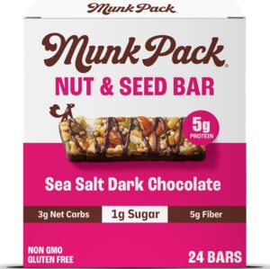 Munk Pack Nut & Seed Snack Bars – 5g Protein, 1g Sugar, 3g Net Carbs, Low Sugar, Keto, and Gluten Free Snack for Adults and Kids, Sea Salt Dark Chocolate – 4.92 oz, 24 Pack