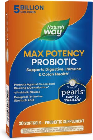 Nature’s Way Max Potency Probiotic Pearls for Men and Women, Supports Digestive, Immune, Colon Health*, 5 Billion Live Cultures, No Refrigeration Required, 30 Softgels