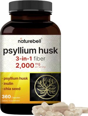 NatureBell Psyllium Husk Capsules 2,000mg Per Serving, 360 Count, with Inulin & Chia Seed – Soluble Fiber for Digestion – Plant Based Herbal Fiber Supplement, Non-GMO, Gluten Free