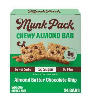 Munk Pack Chewy Granola Bars, Almond Butter Chocolate Chip – Low Sugar Snacks with 5g Protein, 1g Sugar with Allulose – Gluten Free & Low Glycemic – 24 Count