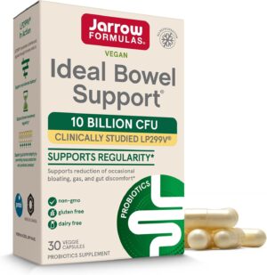 Jarrow Formulas Ideal Bowel Support – 10 Billion CFU Per Serving – Bowel Support – Reduces Bloating, Gas & Intestinal Discomfort – Up to 30 Servings (Veggie Caps)