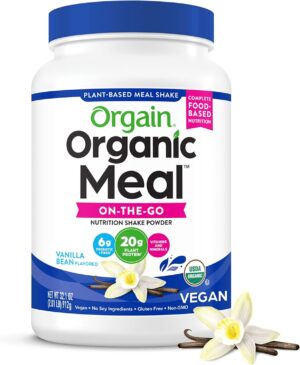 Orgain Organic Vegan Meal Replacement Protein Powder, Vanilla Bean – 20g Plant Based Protein, Gluten Free, Dairy Free, Lactose Free, Soy Free, No Sugar Added, For Smoothies & Shakes – 2.03lb