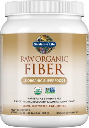 Garden of Life Raw Organic Fiber Powder, 30 Servings, 15 Organic Superfoods, Probiotics, Omega-3 ALA, Soluble and Insoluble Fiber for Regularity, Psyllium Husk Free