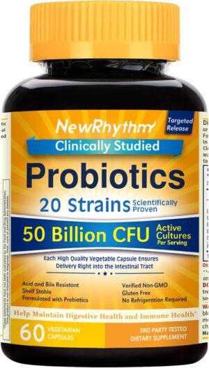 NewRhythm Probiotics 50 Billion CFU 20 Strains, 60 Veggie Capsules, Targeted Release Technology, Stomach Acid Resistant, No Need for Refrigeration, Non-GMO, Gluten Free
