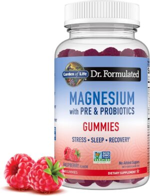 Garden of Life Magnesium Citrate Supplement Gummies with Prebiotics & Probiotics for Stress, Sleep & Recovery – Vegan, Gluten Free, Kosher, Non-GMO, No Added Sugars, Raspberry Flavor, 60 Count