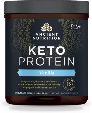 Ancient Nutrition Keto Protein Powder, KetoPROTEIN with Fats from Bone Broth and MCT Oil, Vanilla, 18g Protein 11g Fat Per Serving, Gluten Free, 17 Servings