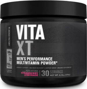 Jacked Factory Vita XT Performance Vitamin Powder – Daily Multivitamin Powder for Men with KSM-66 Ashwagandha, Prebiotic Fiber, Vitamin A, C, D, K, B6, B12, & More – Strawberry Lemonade, 30Sv