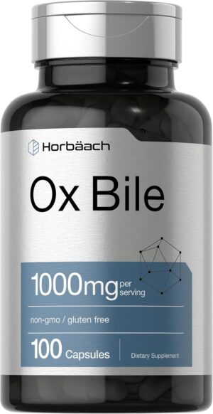 Horbäach Ox Bile Supplement | 1000mg | 100 Capsules | Digestive Enzymes Supplement | Non-GMO & Gluten Free