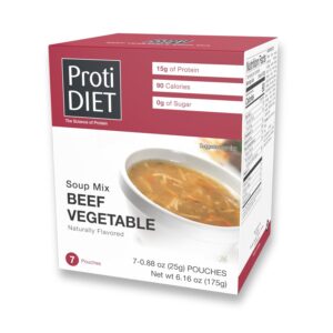 ProtiDIET High Protein Beef Vegetable Soup Mix, Low Calorie, No Fat, Sugar-free, Quick and Easy-to-Prepare Satisfying Meal Replacement Protein Powder Soup Mix with Collagen- 7 Soup Mix Pouches Per Box