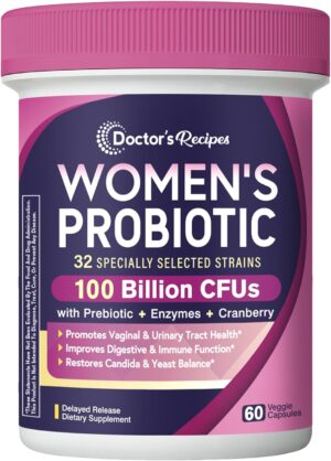 Doctor’s Recipes Probiotics for Women, 100 Billion CFU 32 Strains, with Prebiotic Fiber, Enzymes & Cranberry, Vaginal Urinary Digestive & Immune, No Yeast, Shelf Stable, Delayed Release, 60 Caps Doctor’s Recipes Probiotics for Women, 100 Billion CFU 32 Strains, with Prebiotic Fiber, Enzymes & Cranberry, Vaginal Urinary Digestive & Immune, No Yeast, Shelf Stable, Delayed Release, 60 Caps