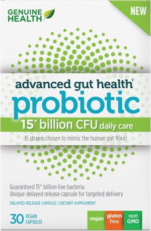 Genuine Health Advanced Gut Health Gentle-Care Probiotic, Helps Promote Digestive, Gastrointestinal & Gut Health, Multi-Strain Formula, 30 Capsules