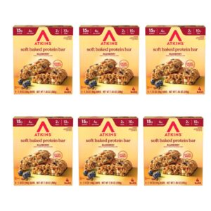 Atkins Soft Baked Protein Bars, Blueberry, 15g Protein, 2g Sugar, Excellent Source of Fiber, Low Carb, 6 Packs (4 Bars Each)