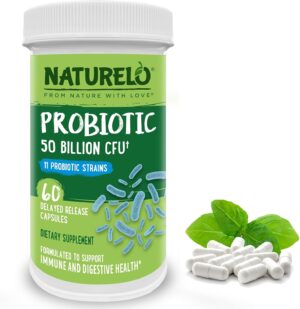 NATURELO Probiotics for Digestive Health – 50 Billion CFU, 11 Strains Daily Supplement – Boosts Immune System, Delayed Release, 60 Vegetarian Capsules