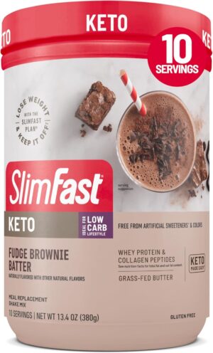 SlimFast Keto Meal Replacement Shake, Fudge Brownie Batter, Low Carb Keto Protein Powder with Collagen & Whey, No Sugar Added, Gluten Free, Weight Loss Support, 10-Serving Canister SlimFast Keto Meal Replacement Shake, Fudge Brownie Batter, Low Carb Keto Protein Powder with Collagen & Whey, No Sugar Added, Gluten Free, Weight Loss Support, 10-Serving Canister