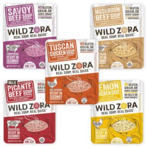 Wild Zora Instant Keto-Friendly Soups 5-Pack Variety, Broth Made with Grass-Fed Beef, Free-Range Chicken, and Vegetables, Gluten-Free, Low Carb, No Added Sugar, Flavorful Pantry Staples – 0.5oz/13g