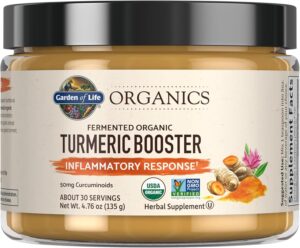 Garden of Life Organics Turmeric Booster Inflammatory Response Powder – 30 Servings, 50mg Curcumin (95% Curcuminoids) & Probiotics, Organic Non-GMO Vegan & Gluten Free Herbal Supplements