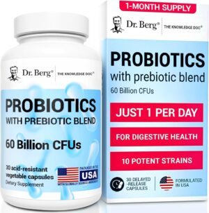 Dr. Berg Probiotic Supplement (60 Billion CFUs) – Helps Ease Occasional Constipation, Diarrhea, Gas & Bloating* – Pre and Probiotics for Digestive Health – 30 Probiotic Capsules
