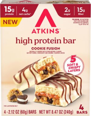 New Atkins High Protein Bars, Cookie Fusion Flavor, 15g of Protein, 4g Net Carbs, 4 Count