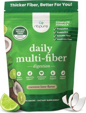 nbpure Daily Fiber Powder Blend for Digestive Health, Cholesterol Support, Healthy Weight Management – with Prebiotic, Insoluble, Soluble Fiber + 4 Probiotic Strains, Coconut Lime, Gusset, 45 Servings