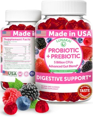 Lunakai USA Made Prebiotic + Probiotic Gummies for Women and Men – High Potency 5 Billion CFUs with Fibers – Non-GMO Gut Health Support 60ct