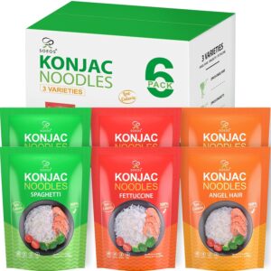 Soeos Konjac Noodles, Shirataki Noodle, Low Calorie, Low Carb, Keto and Paleo Friendly, 3 Variety Noodles, Fettuccine, Angel Hair, Spaghetti, 8.8 oz (250 g)*6 Soeos Konjac Noodles, Shirataki Noodle, Low Calorie, Low Carb, Keto and Paleo Friendly, 3 Variety Noodles, Fettuccine, Angel Hair, Spaghetti, 8.8 oz (250 g)*6