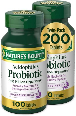 Nature’s Bounty Acidophilus Probiotic, Daily Probiotic Supplement, Digestive Health, 200 Tablets, Twin Pack
