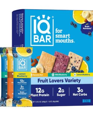 IQBAR Brain and Body Plant Protein Bars – Fruit Lovers Variety – 12-Count Low Carb – Gluten Free, High Fiber, Vegan Snacks – Low Sugar Meal Replacement