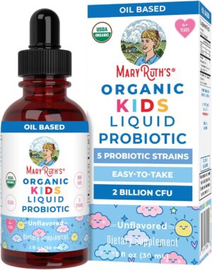 MaryRuth Organics Kids Probiotic Liquid Drops | USDA Organic Probiotics for Digestive Health | Ages 4+ Gut Health & Immune Support Supplement | Overall Health | Vegan | Non-GMO | 1 Fl Oz