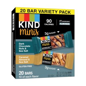 KIND Minis Snack Bars, Dark Chocolate Nuts & Sea Salt and Caramel Almond & Sea Salt, 3g Sugar, Gluten Free Bars, Variety Pack, 0.7 OZ, (20 Count) KIND Minis Snack Bars, Dark Chocolate Nuts & Sea Salt and Caramel Almond & Sea Salt, 3g Sugar, Gluten Free Bars, Variety Pack, 0.7 OZ, (20 Count)