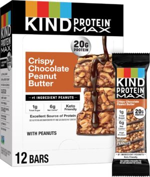 KIND Protein MAX Crispy Chocolate Peanut Butter Snack Bars, 20g of Protein, Keto Friendly, 1g of Sugar Per Bar, Gluten Free, 12 Count Box KIND Protein MAX Crispy Chocolate Peanut Butter Snack Bars, 20g of Protein, Keto Friendly, 1g of Sugar Per Bar, Gluten Free, 12 Count Box
