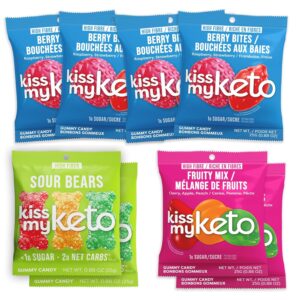Kiss My Keto Fruity and Sour Flavour Variety Pack – 1g Sugar, Low Carb, High Fiber, non-GMO Sour Gummies Candy – 4-pack Mixture of Gummy Fruity, 2-pack Mixture of Gummy Berry & Gummy Sour Bears – (8-pack)